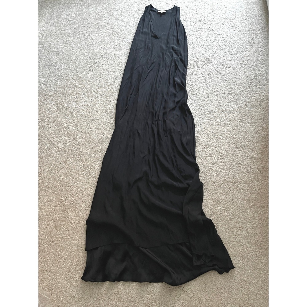 Alexis Black Maxi Gown Sz MEDIUM Deep V Halter Back Formal Evening Dress Train